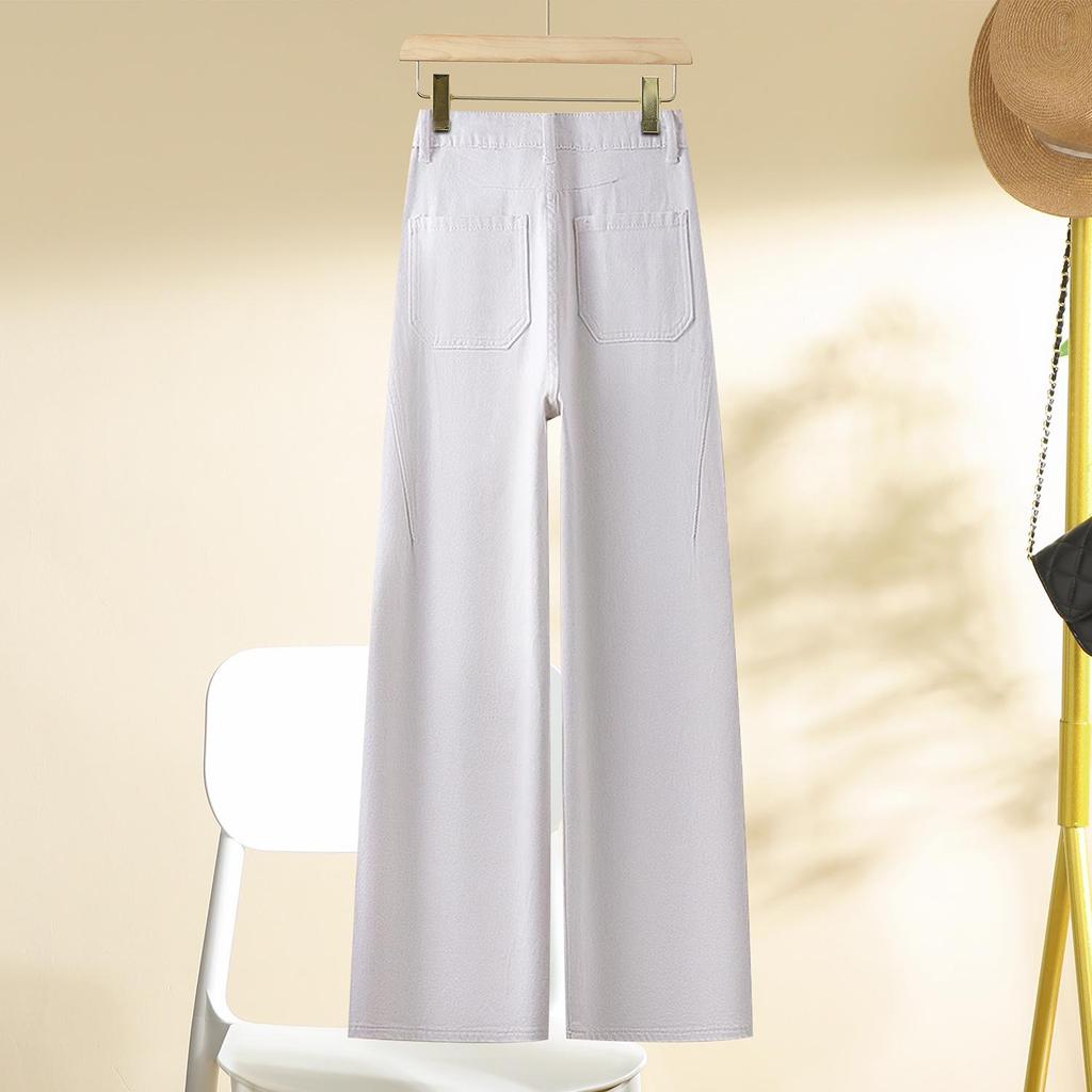 Women's White Wide-Leg High-Waisted Spring Jeans - Casual Loose Straight-Leg Floor-Length Pants