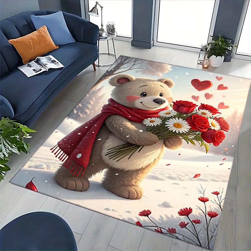1pc Anime Cartoon Design Valentine's Day Gift - Teddy Bear with Red Roses and Hearts Office Chair Mat Non-Slip Carpet Suitable for Home Decor Living R