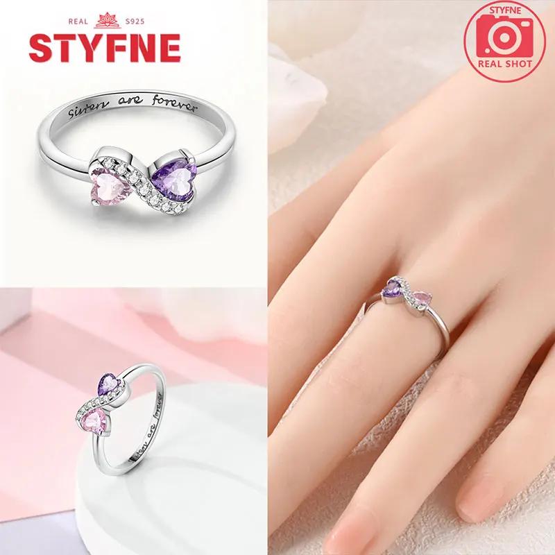 Unendliche Liebe Schmuck Schwarz & Rosa Herz Glänzende Zirkon Ringe Mode Neu 925 Silber Damenringe für Valentinstagsgeschenk