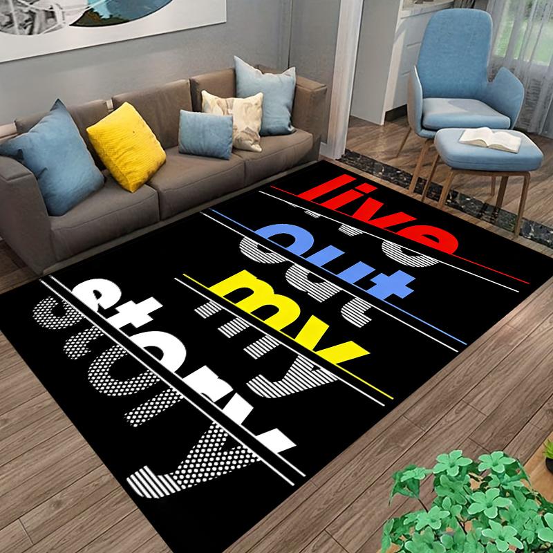 "Modern Black Carpet with 'Live Out My Story' Bold Text Design" Suitable for use as an anti-slip for living room bedroom sofas