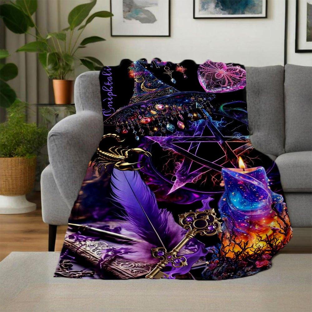"Enchanted Witchcraft Decor: Spellbinding Candles, Pentagram, and Feather Set"Blanket Flannel Throw Blanket for Sofa, Bed, Travel, Camping, Office