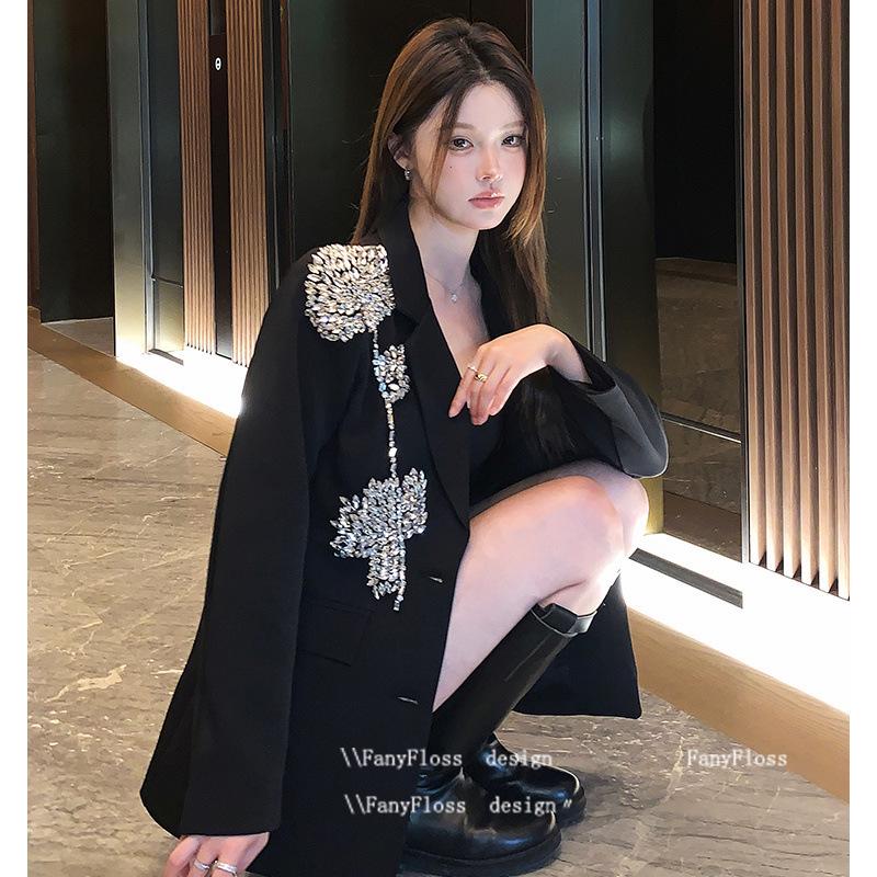 

Light Luxury Black Studded Floral Loose Jacket - Socialite Sequined Fashion M (50-55kg) чорний