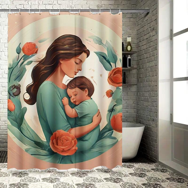 Heartwarming Mother And Child Rose Shower Curtain - Waterproof, Mildew-Resistant, Machine Washable For Cozy Bathroom Decor