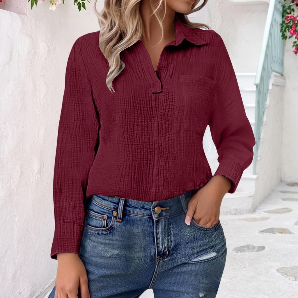 Womens V Neck Shirts Long Sleeve Casual Collared Shirt Loose Blouses Solid Color Tops With Pocket