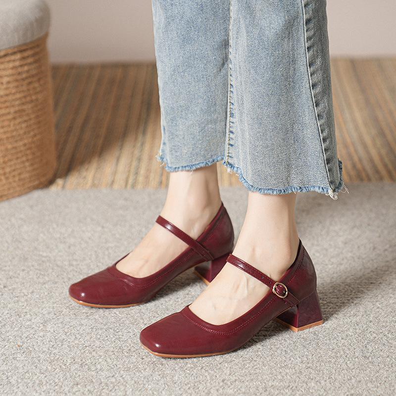 Fashion 2025 Summer Women 5cm High Heels Metal Buckle Wine Red Office Pumps Female Strap High Heels Lady Sweet Mary Jane Shoes