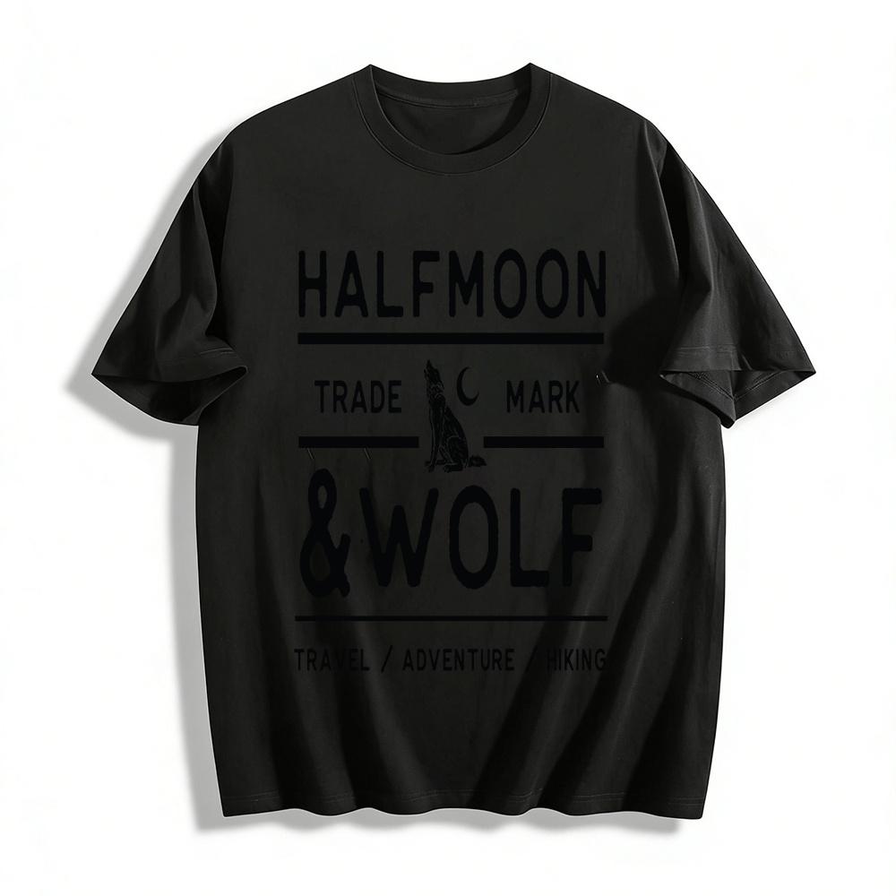 

Halfmoon Wolf Outdoor Travel Adventure Hiking Graphic Tee Pure cotton T-shirt 6XL