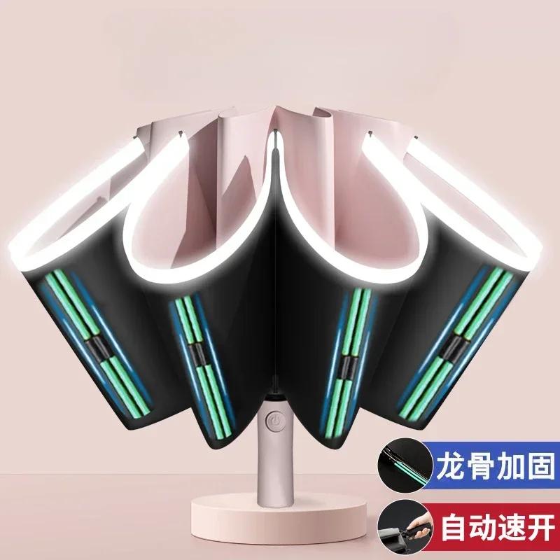 

Зонт для мужчин и женщин, полностью автоматический, складной зонт с ветрозащитной светоотражающей полосой, УФ-зонты Iron&10K розовый