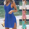 V Neck Sleeveless Side Split Sunscreen Dress Hollow Out Knitted Female Bathing Suit Cover Up for Swimming Pool