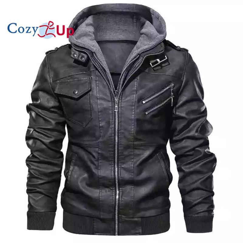 

Уютная мужская повседневная мотоциклетная куртка-бомбер из искусственной кожи с воротником-стойкой и съемным капюшоном 3XL серый