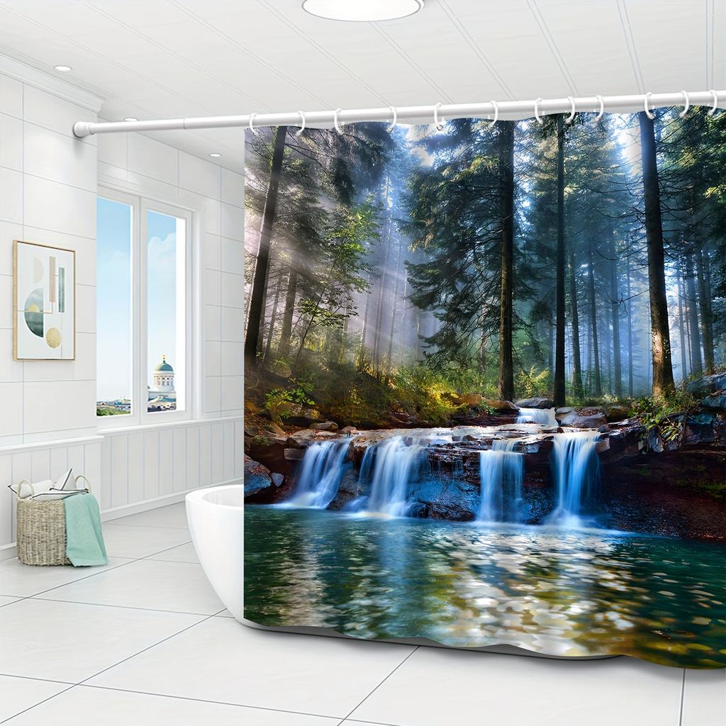 Enchanting Forest Waterfall Shower Curtain -Polyester, Machine Washable with Hooks Included - Perfect for Bathroom Decor