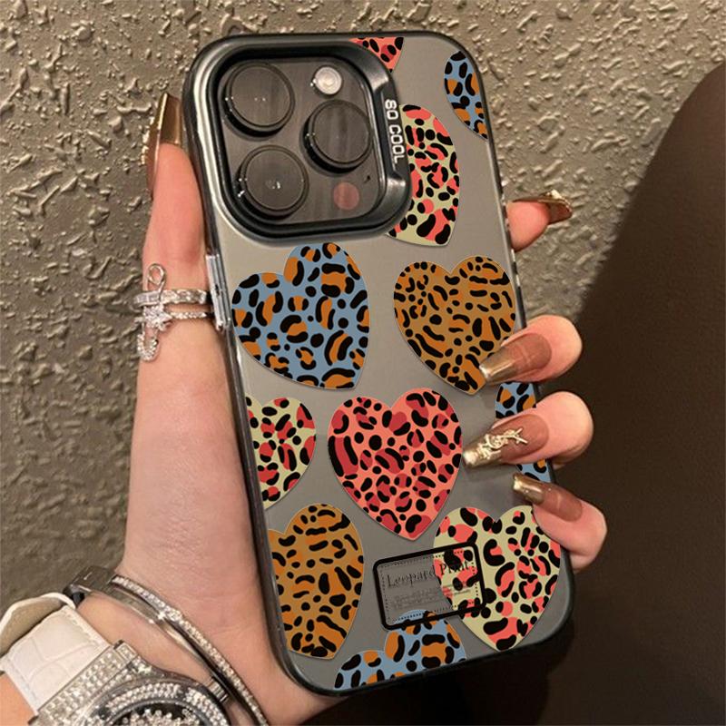 Love Heart Leopard Print Electroplate Silver Phone Case For iPhone 16 Pro Max 15 14 13 12 11 7 8 Plus X XS XR Shockproof Cover