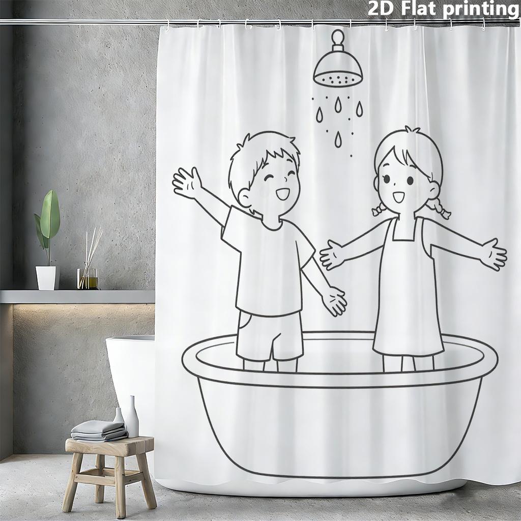 

Cartoon Children Shower Curtain – Black Line Art, Bath Tub Scene, 2D Flat Print, Polyester, 70.8 X70.8 Inches W60H190(CM)-1 Pcs
