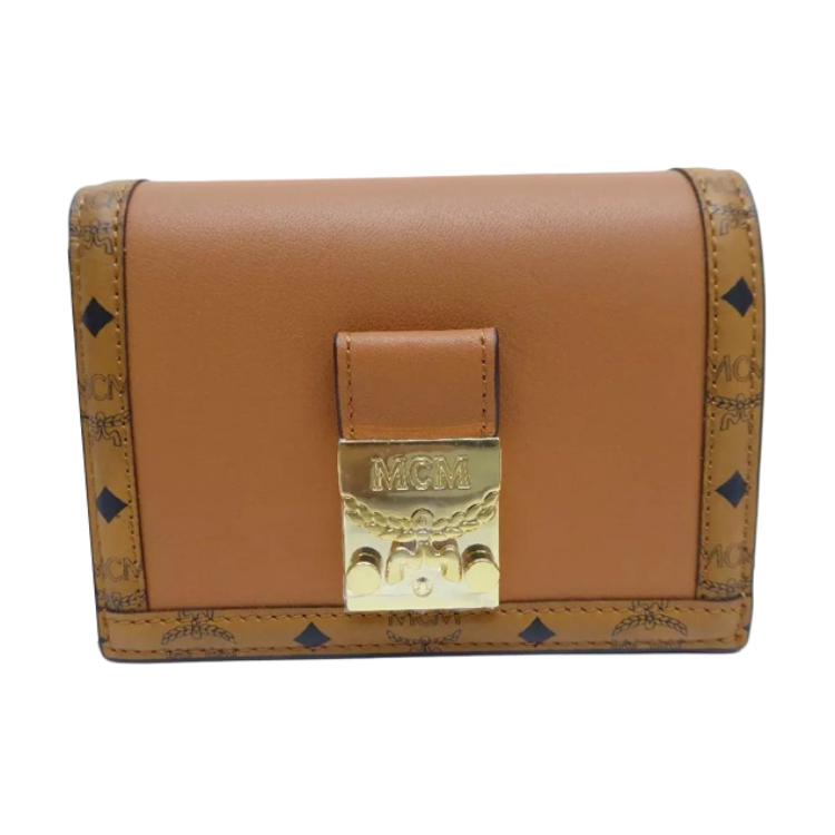 MCM Visetos Trifold Wallet, Cognac Leather Card Holder with Gold MCM Logo Lock, for Daily Use Travel MYSDSXT02CO001 Basic Set (Bag+Dust Bag)