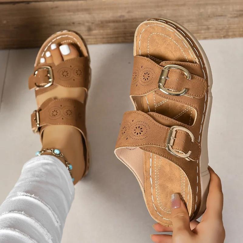 Fashion Fashion Summer Women Slipper Closed Toe Summer Shoes Comfort Double Buckle Wedge Ladies Sandals Platform Casual Slippers