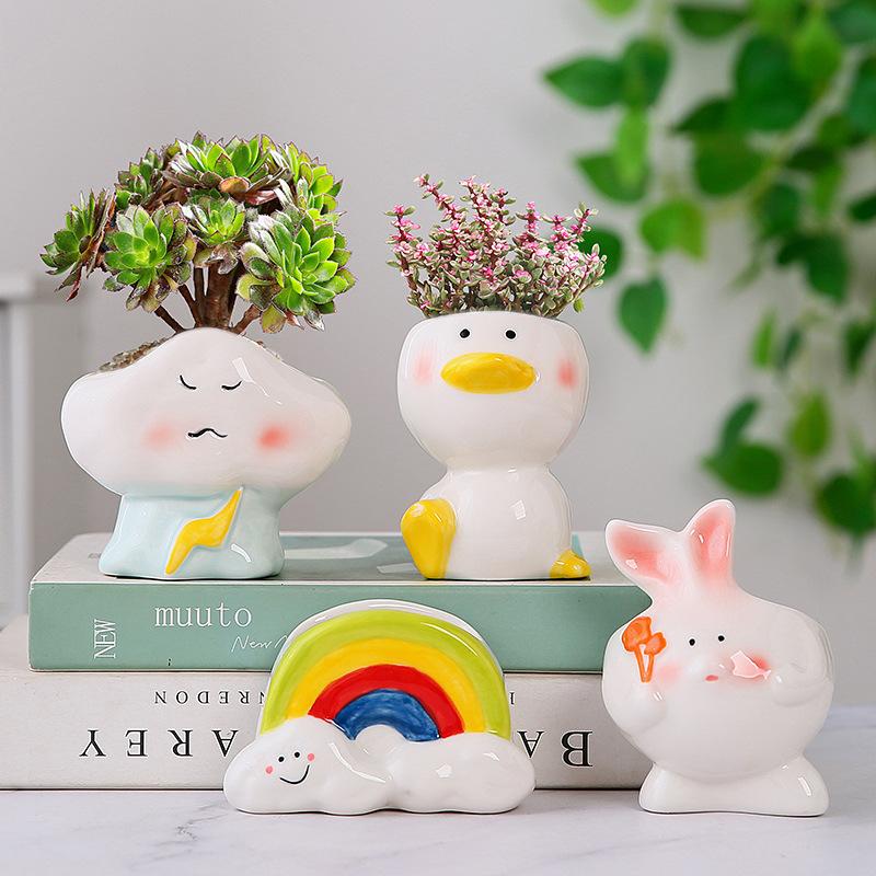 Cute Cartoon Animal Flower Pot Hand-painted Weather Themed Succulent Small Potted Ceramic Combination Gardening Rainy Style