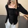 Pure lust style square neck pleated open button long-sleeved T-shirt for women in early autumn thin hot girl irregular slim fit top