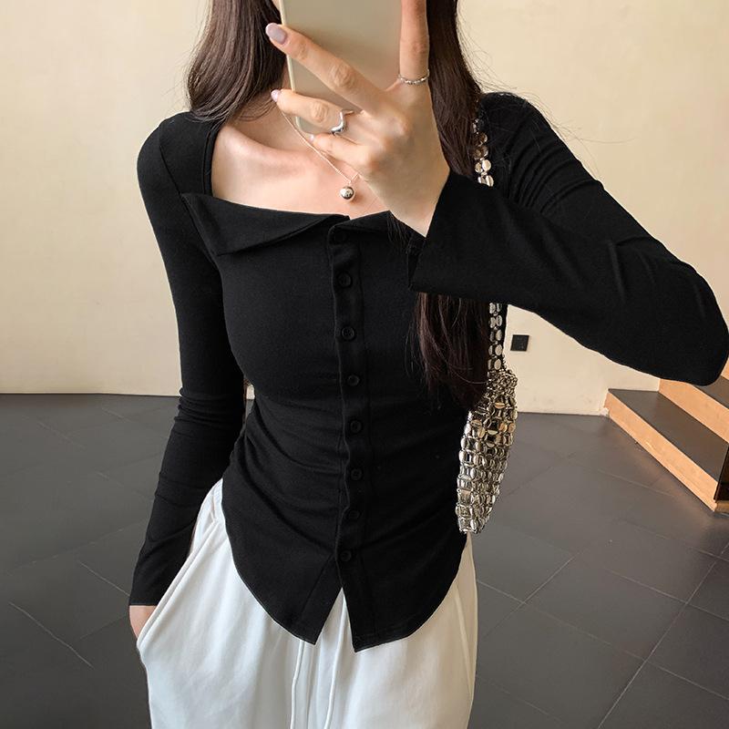 

Футболка с длинными рукавами и квадратным вырезом в стиле Pure Lust, с плиссировкой и открытыми пуговицами для женщин на начало осени, тонкая, горячая, для девушек, нерегулярный облегающий топ XL