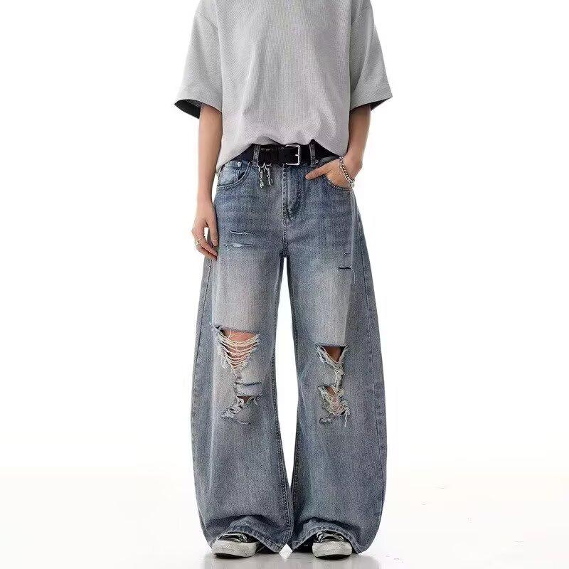American high street ripped design feeling washed jeans men's summer trend loose casual wide-leg straight trousers