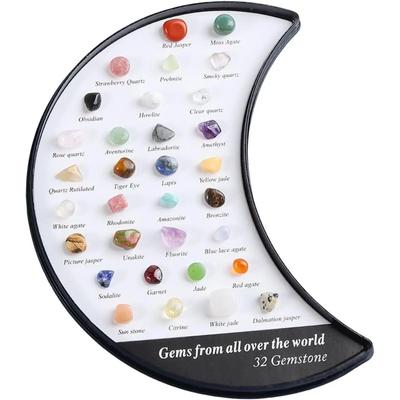 Drahokamy z celého světa ,32 druhů přírodních krystalových drahokamů ve tvaru měsíce, sada hornin s vzdělávací vitrínou