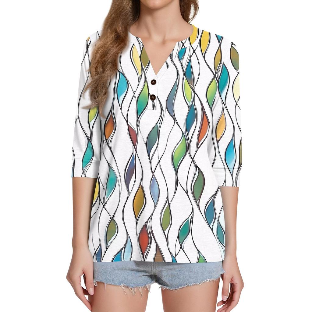 Women's T Shirt Print Button 3/4 Sleeve Daily Weekend Fashion Basic V- Neck Regular Top