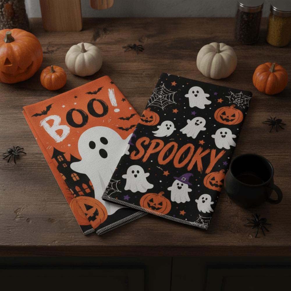 2PCS Ghost Pumpkin Pattern Halloween Kitchen Towel Ultra-Fine Fiber Dish Towel Bathroom