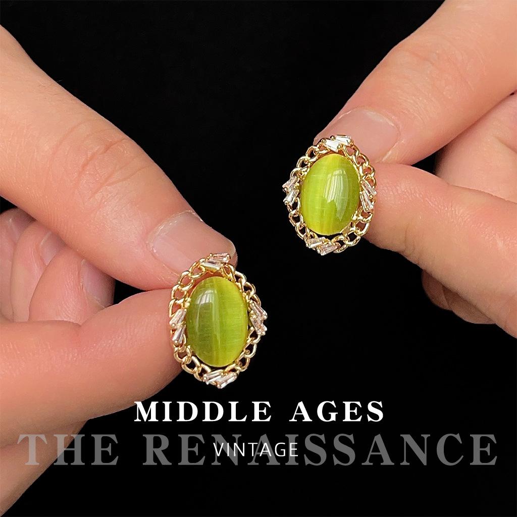 Micro zircon French court style earrings olive green glass opal oval stud earrings