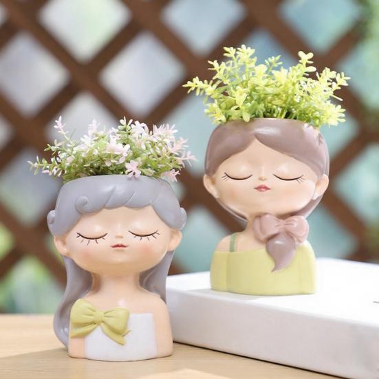 Cute Girl Face Planter, Resin Girl Head Planter, Decorative Small Plant Pot for Succulents Cactus Desk Balcony Decor