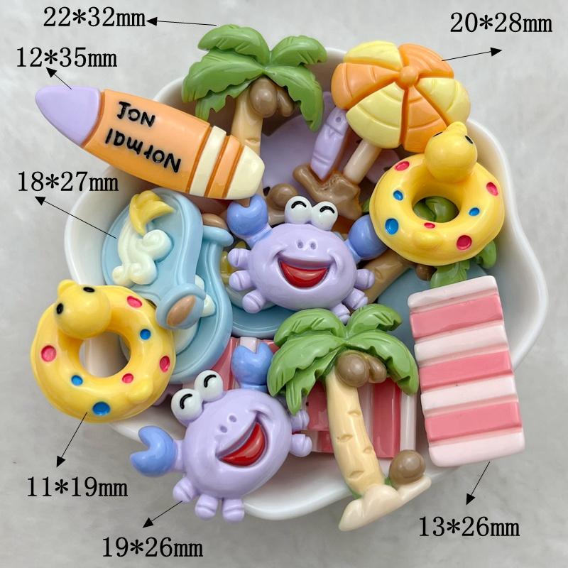 

10Pcs New Cute Resin Beach Swim Ring Crab Coconut Tree Flat Back Fit Phone Deco Parts Embellishments For Hair Bows Accessories