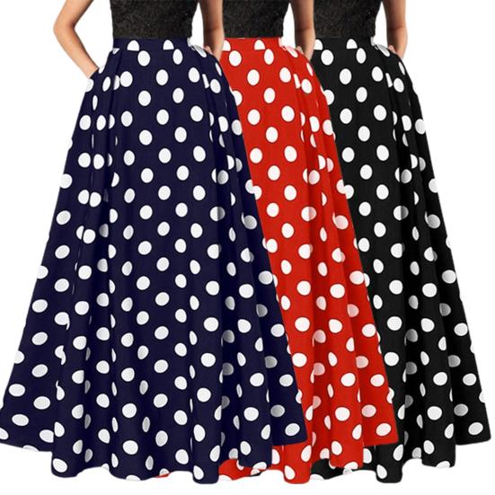 Women Maxi Skirt High Waist Color Matching Dot Print Retro A-line Big Hem Side Pockets Loose Full Length Soft Elastic Waist Lady Prom Party Long Skirt
