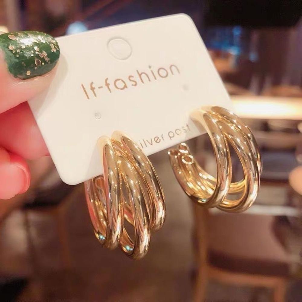 New Arrival Fashion Gold Color Metal Geometry Multi-layer Circle Dangle Earrings for Women Charm Design Korean Jewelry Accessory