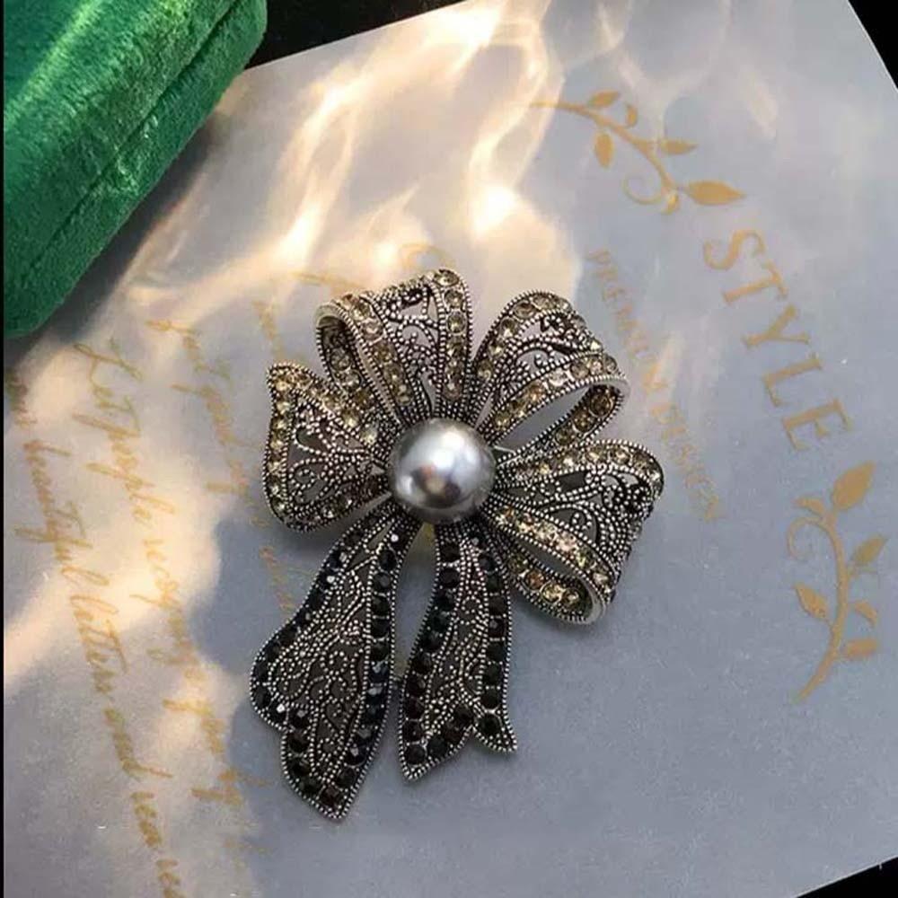 French Style Bow Brooch Vintage Black Brooch Exquisite Fully-rhinestone Pin Western-style Clothes