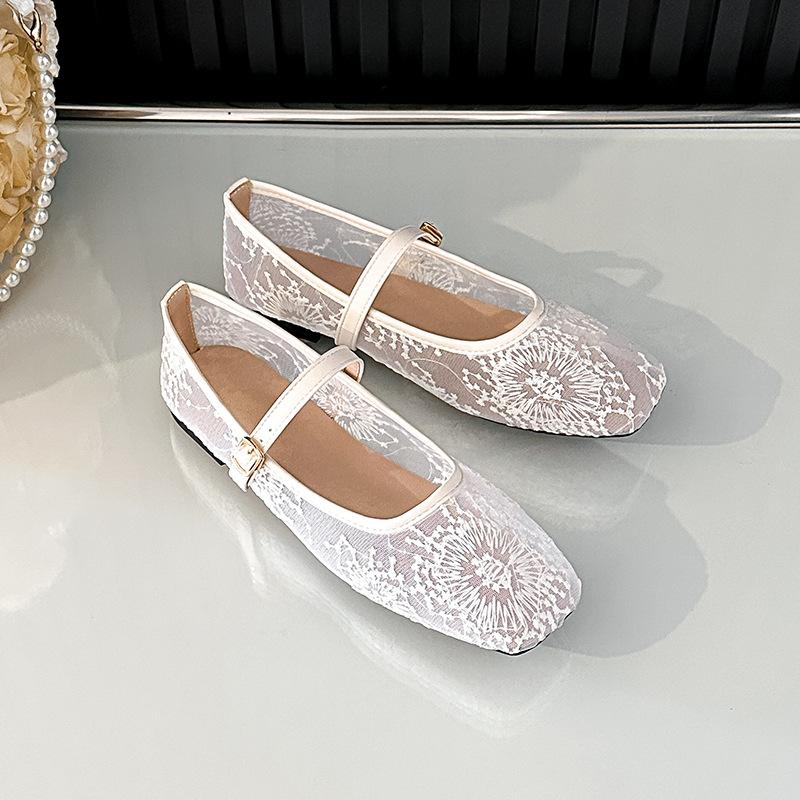 Women's Mesh Ballet Flats Comfortable Dressy Shoes With Ankle Strap Summer Square Closed Toe Mary Jane Shoes for Women Casual Non-Slip Mary Jane Flats