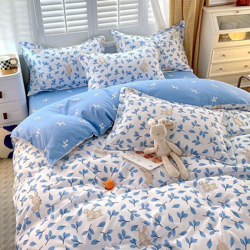 Vierteiliges Bettwäsche-Set, Bettwäsche, Gewaschene Baumwolle Sandgestrahlt Verdickter Bettbezug, Stepplaken, Studentenwohnheim Einzelbettbezug Dreiteiliges Set