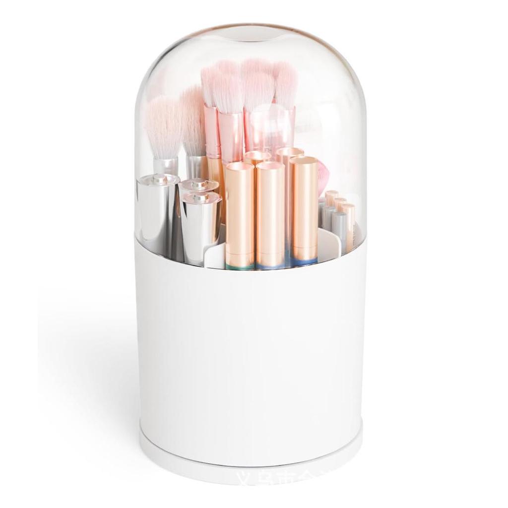Cream-Style Makeup Storage Box: Dustproof Flip Lid Organizer with Drawer & Brush Holder