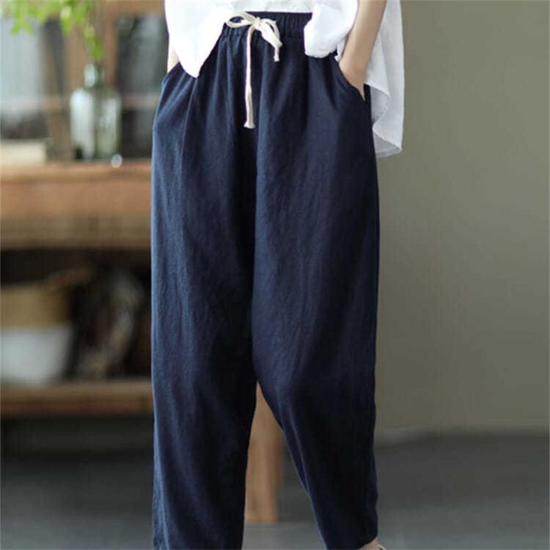 Harajuku Summer High Waist Elastic Women's Cotton Linen Wide Leg Capris Pants for Women Baggy Harem Pants Woman Trousers