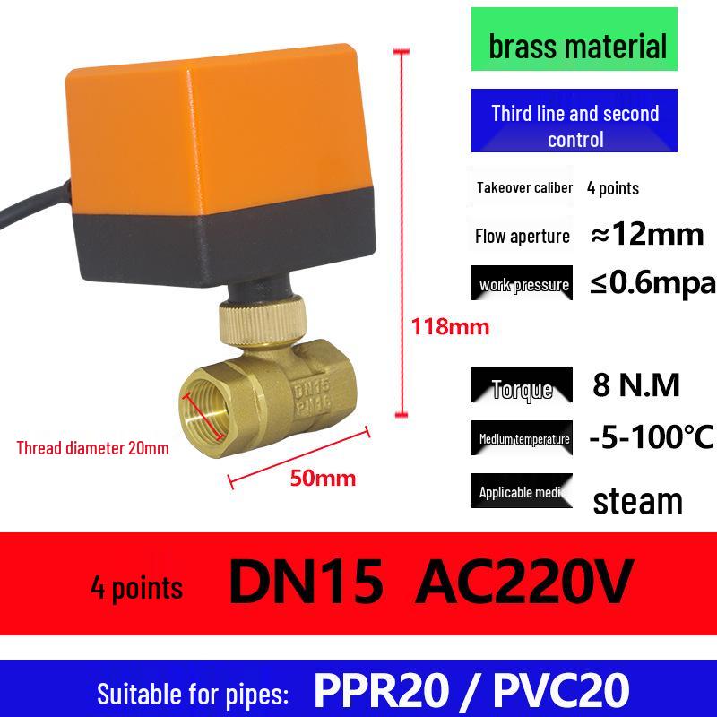 Electric Copper Ball Valve, Two/Three-Way Control, for 220V, 12V, 24V Systems - Ideal for AC, Fan Coil, Solar Applications, 4-Point Connection