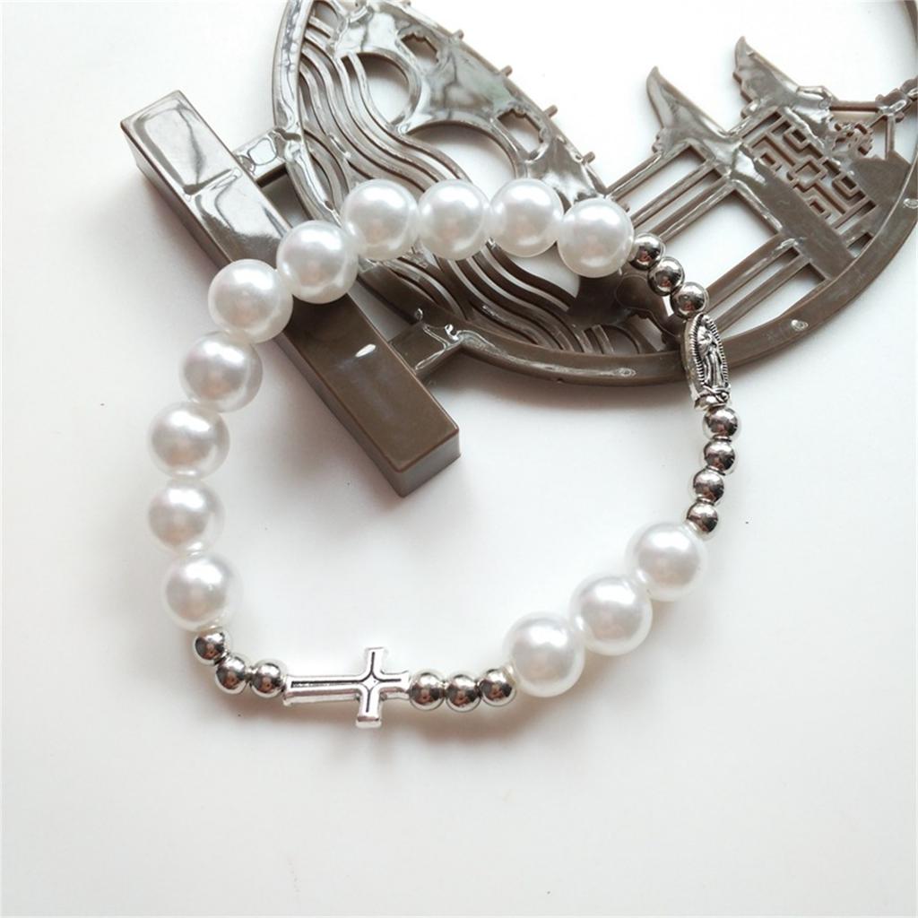 Catholic Cross Rosary Bracelet Vintage Elastic Beaded Chain Baptism Rosaries Bangle Wristband for Men Women Jewelry Gift