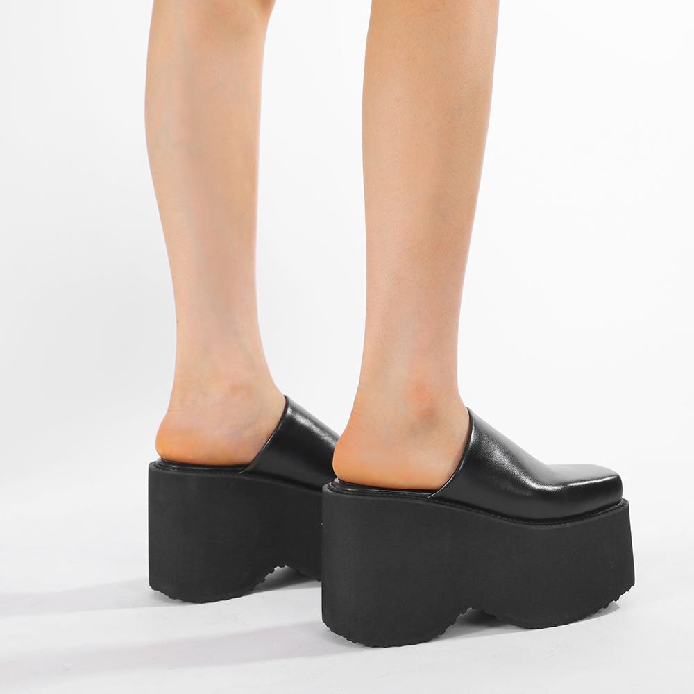 Gdgydh Moda Sandali a Zeppa con Punta Quadrata Mocassini Slip-On Neri Tacchi Spessi Calzature Estive Comode per Donna Pantofole