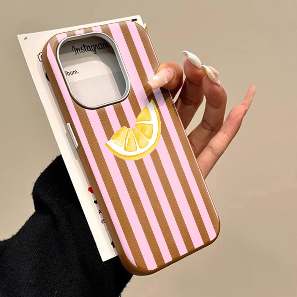 Lemon Pink Stripes Soft Phone Case For Samsung Galaxy A16 A35 A54 A55 5G S26 S22 S23 FE S24 Plus S25 Ultra Leather Texture Funda
