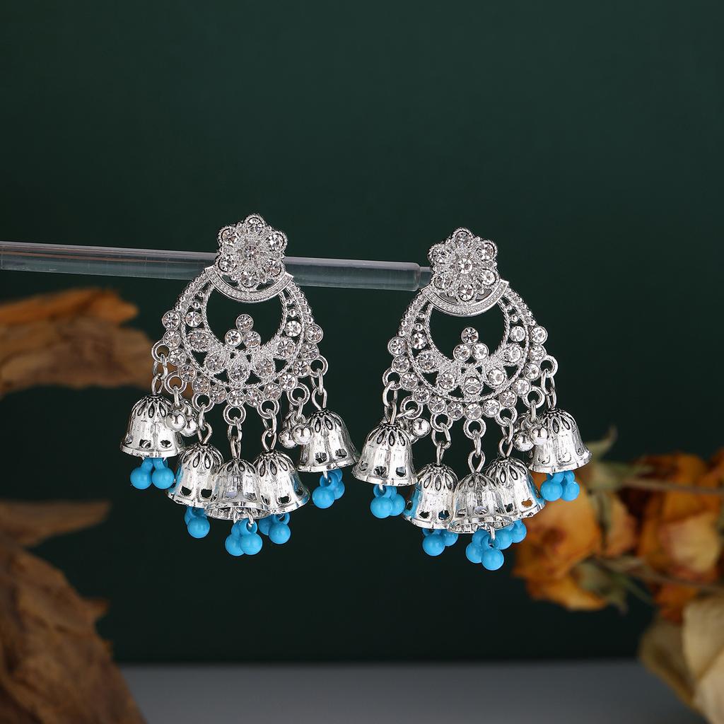 Vintage Bohemian Diamond Bells Tassel Flower Earrings, Ethnic Style Personality Geometric Hollow Holiday Earrings