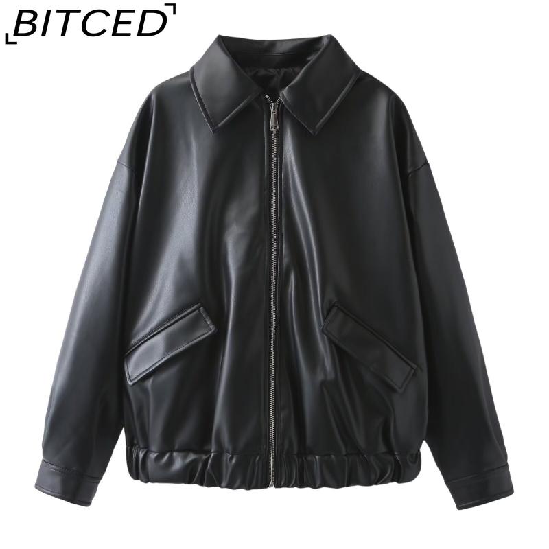 

BITCED Женская осенне-зимняя мода больших размеров, кожаная куртка с воротником и наклонными карманами L чёрный
