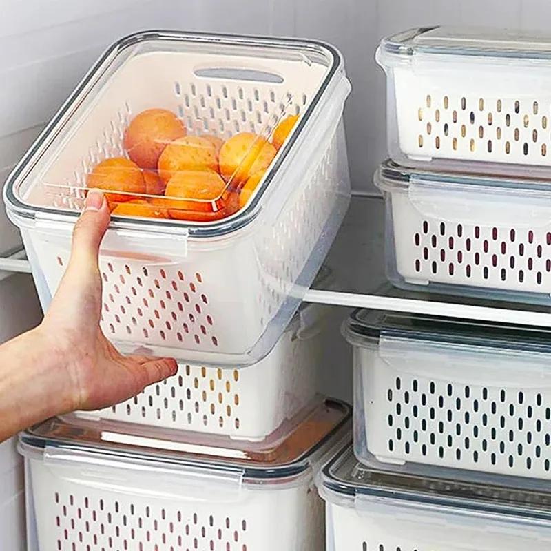 Large Vegetable Drain Basket Special Fruit Preservation Box For Refrigerators Food Grade Kitchen Double Layer Storage Container
