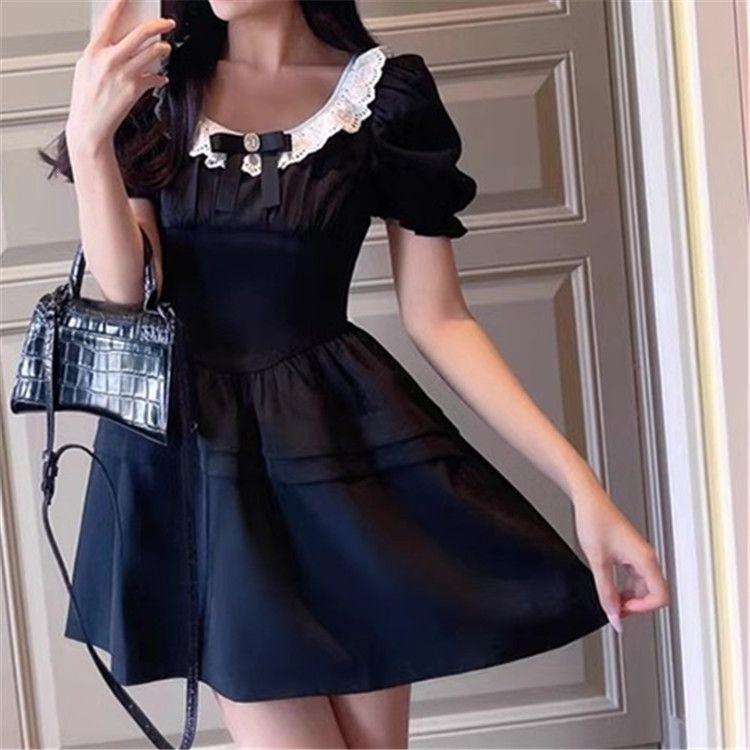 Black rich daughter princess skirt showing thin temperament women's Hepburn style dress bubble sleeves summer short