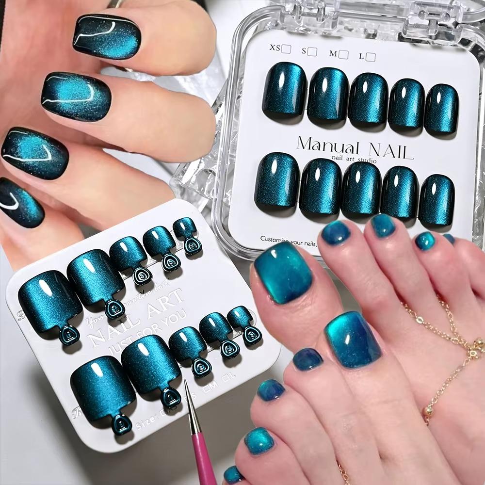 48Pcs Sea Blue False Nails Set Glossy Finish Short Tip Toenail  For Fingernails & Toenails