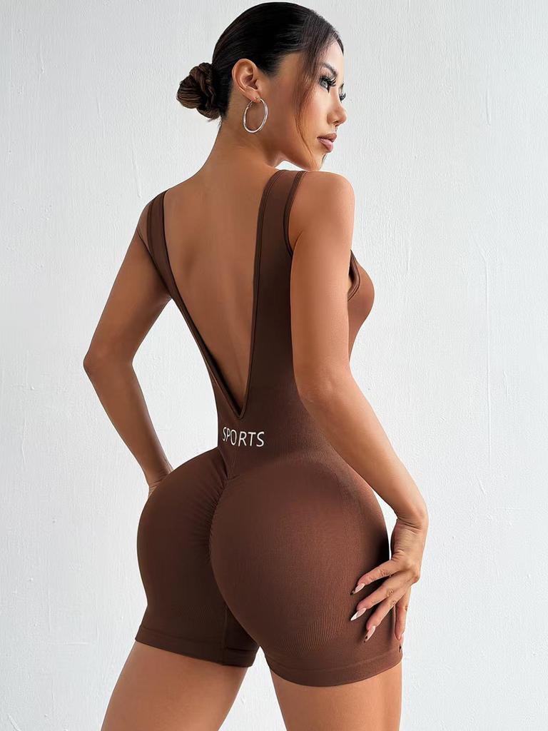 Seamless Deep V-Neck Yoga Bodysuit: Women's Nude-Tight Shaping Sportswear with Beautiful Back Design