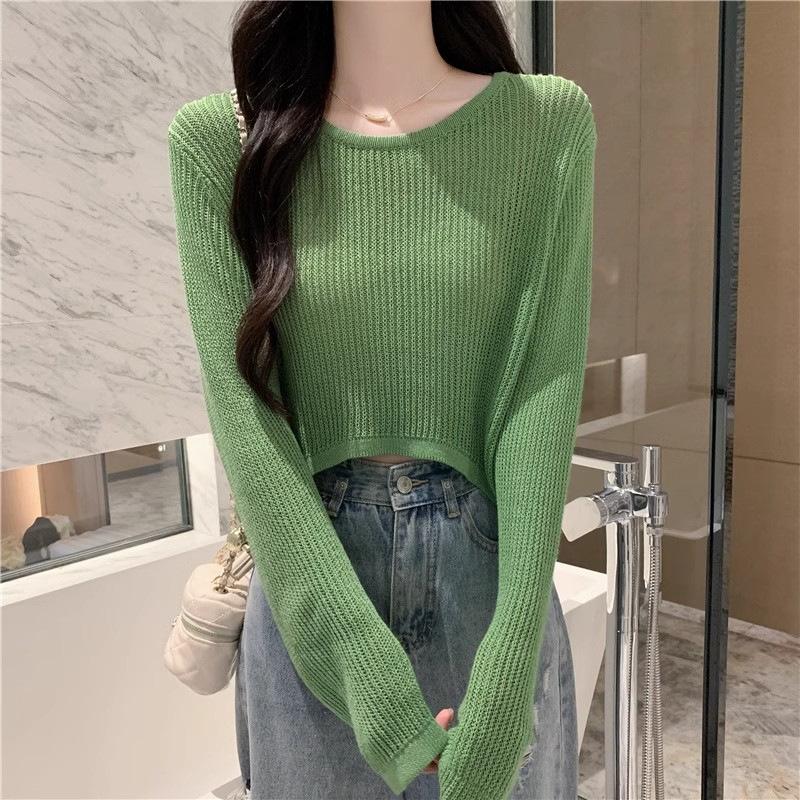 Summer thin new INS hollow ice silk long sleeved knitted sweater for womenShort exterior pullover sunscreen cover shirttops
