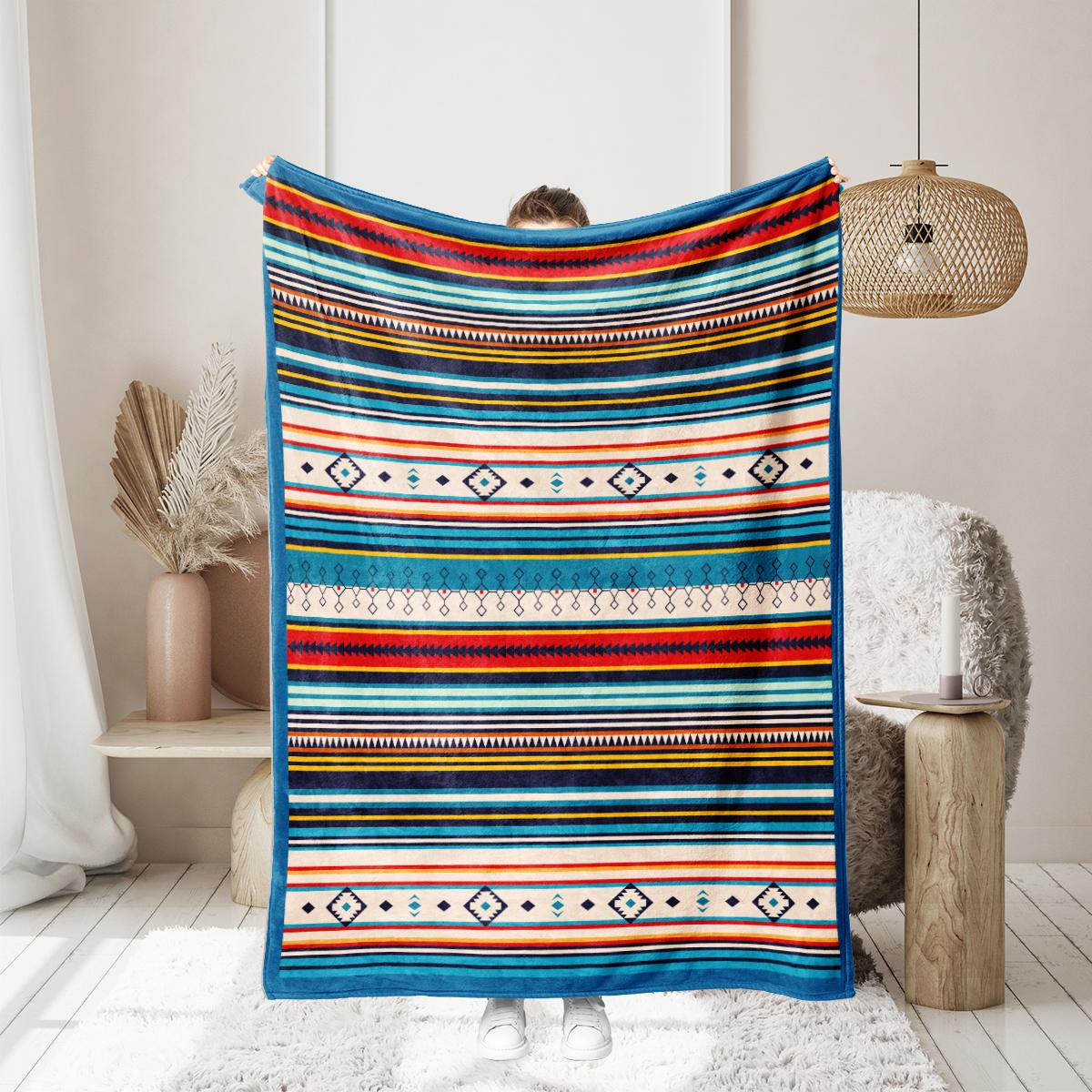 

1PC Bohemian Stripes Flannel printed blanket suitable for all seasons suitable for living room office sofa and travel 75x100cm