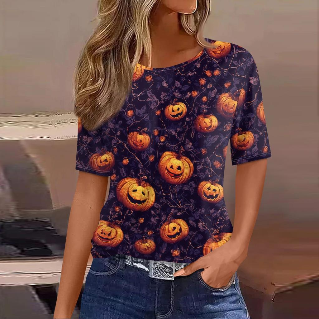 Women's Casual Short Sleeve Pullover Top Halloween Spider Web Pumpkin Print Round Neck Blouse Lightweight Comfortable Fit