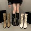 Thick heel pleated long tube knight boots women's shoes 2025 new spring and autumn western thin medium tube long boots