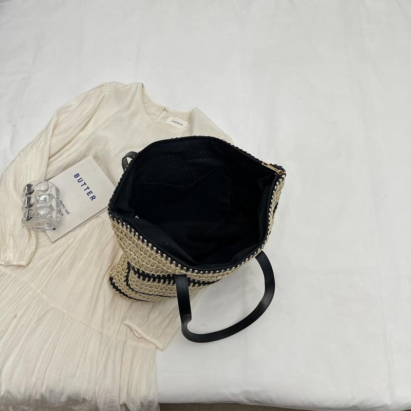 Contrast Color Tote Bag Women's Large Capacity Shoulder Bag Beach Straw Woven Bag